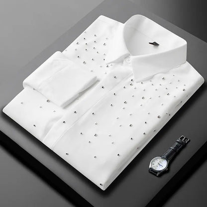 Camisa de Manga Larga Decorada con Pedrería para Hombre, Camisa de Vestir para Banquetes y Fiestas, Camisa Casual de Negocios, Camisa Masculina