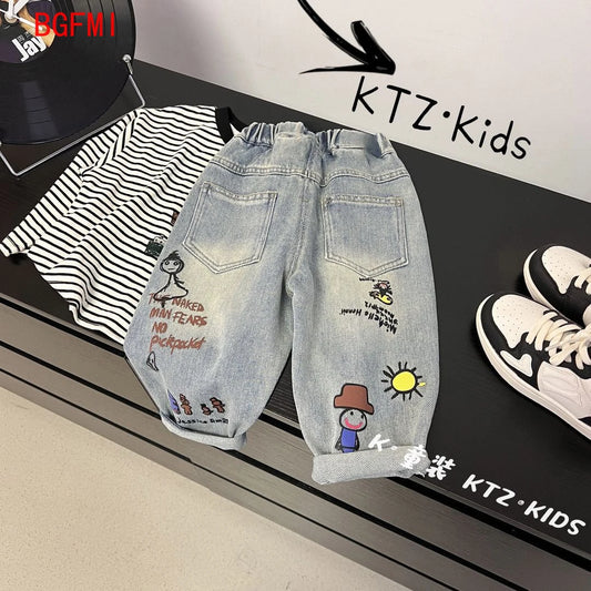 Ropa coreana para niños de 2 a 10 años, pantalones vaqueros, pantalones largos de primavera y otoño, pantalones vaqueros de dibujos animados para niños, pantalones rectos