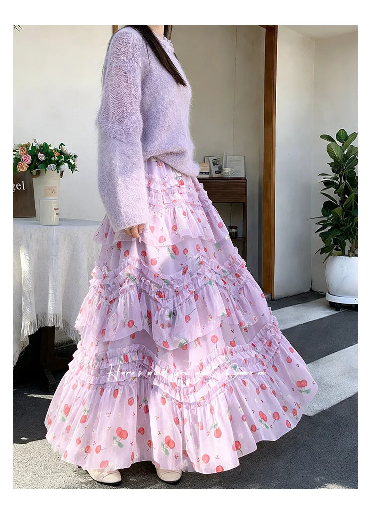 Primavera Verano 2026 Falda Larga de Tul Estampada de Cintura Alta con Empalmes Asimétricos, Falda de Pastel Colorida, Estilo...