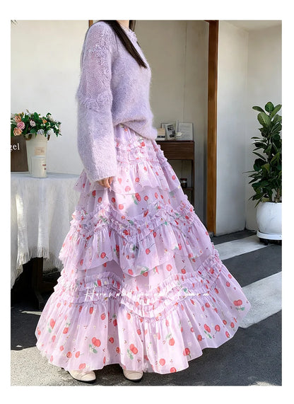 Primavera Verano 2026 Falda Larga de Tul Estampada de Cintura Alta con Empalmes Asimétricos, Falda de Pastel Colorida, Estilo...