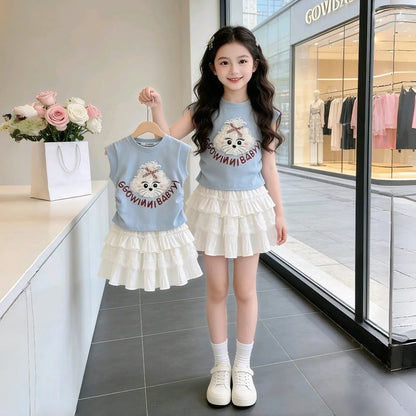 Conjunto de verano para niñas, camiseta de manga corta y falda, conjunto de dos piezas, estilo informal, ropa moderna para niños