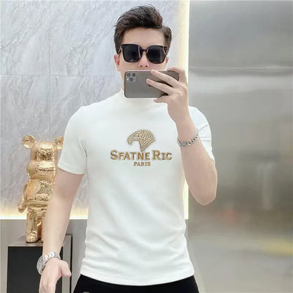 Camiseta de lujo con diamantes de imitación para hombre, camiseta informal ajustada de manga corta con cuello redondo, camiseta Social de negocios, ropa para hombre