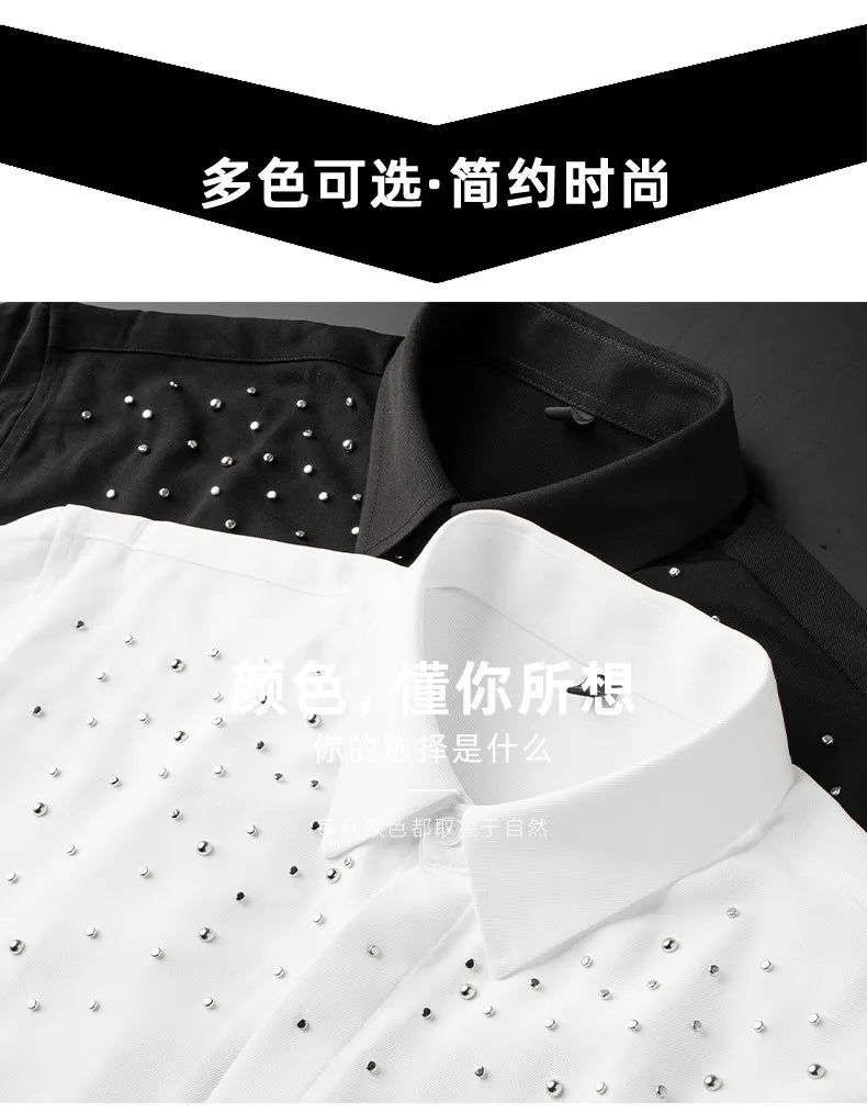 Camisa de Manga Larga Decorada con Pedrería para Hombre, Camisa de Vestir para Banquetes y Fiestas, Camisa Casual de Negocios, Camisa Masculina