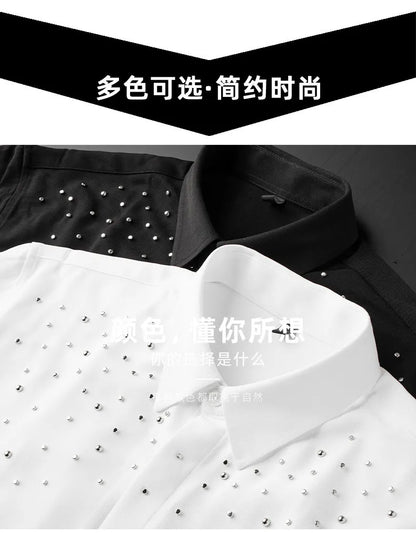 Camisa de Manga Larga Decorada con Pedrería para Hombre, Camisa de Vestir para Banquetes y Fiestas, Camisa Casual de Negocios, Camisa Masculina