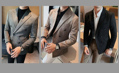 Chaqueta de ante con botones de doble botonadura para hombre, traje de negocios informal, ropa de calle Social, otoño e invierno, 2023