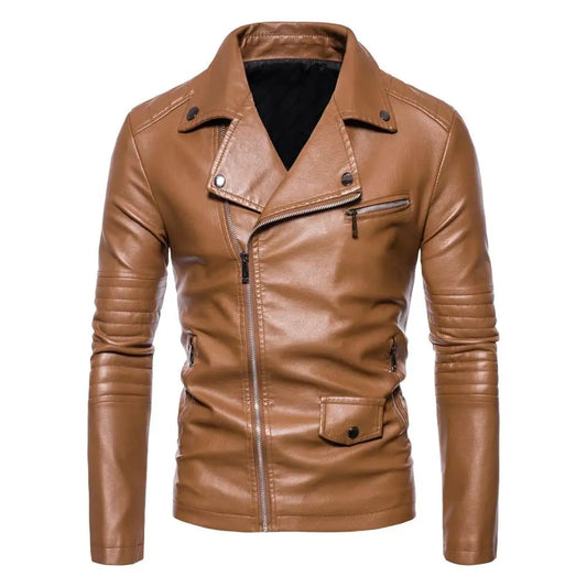 Chaqueta de cuero PU para hombre, motocicletas ajustadas con cuello vuelto, cremalleras a la moda, prendas de vestir de cuero para motociclista, abrigos, chaquetas informales