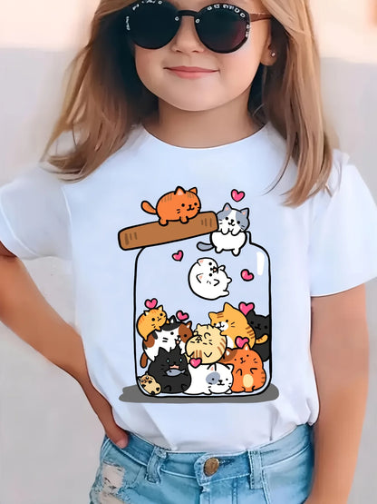 Camiseta de manga corta con cuello redondo de algodón para niñas, moda de verano, con estampado de gato en un frasco, top informal y versátil, ropa de moda