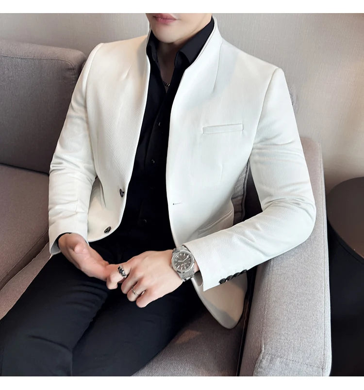 Chaqueta de traje con cuello levantado de alta calidad para hombre, chaquetas de negocios informales, abrigo coreano con gofres para boda, novio, banquete, vestido de fiesta, 2025