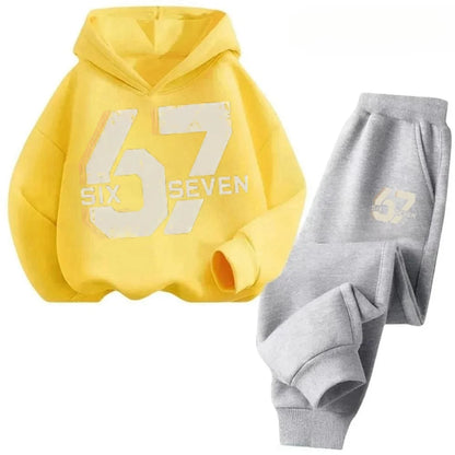 67 conjunto de sudaderas con capucha elegantes para niños de 4 a 13 años, ropa de calle coreana, chándal de bloque, sudadera cómoda a la moda para niños, conjuntos de 2 uds, traje de pantalón