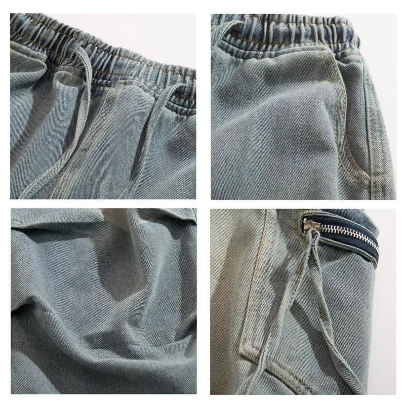 Pantalones vaqueros Cargo plisados de calle alta de otoño para Hombre, Pantalones vaqueros rectos de pierna ancha con bolsillo, moda Hip Hop Y2K, Vaqueros holgados