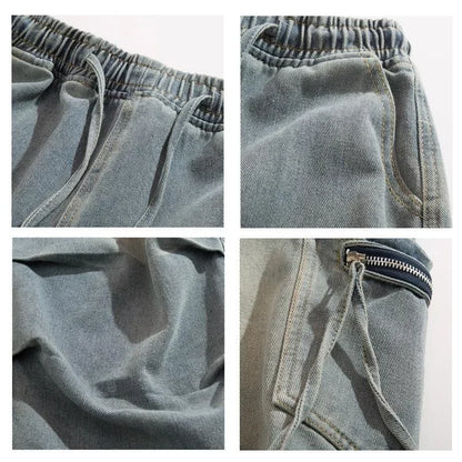 Pantalones vaqueros Cargo plisados de calle alta de otoño para Hombre, Pantalones vaqueros rectos de pierna ancha con bolsillo, moda Hip Hop Y2K, Vaqueros holgados