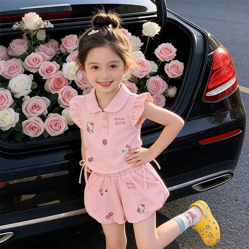 Nuevo Conjunto de Verano para Niña Sanrio, Conjunto Deportivo Delgado de Dos Piezas, Camiseta y Pantalones Cortos con Diseño de Kt, Ropa Casual Transpirable de Algodón