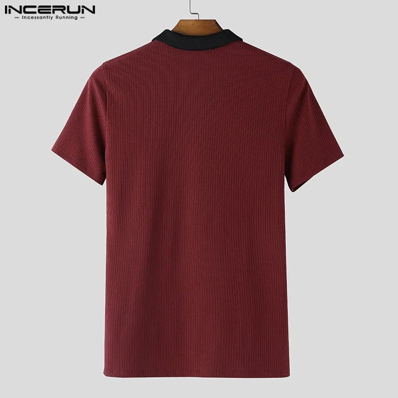 INCERUN-Camisa de punto para hombre, con solapa de retales, manga corta, cremallera, ropa para hombre, Tops, ropa de calle de verano, Camisas de moda con bloques de color