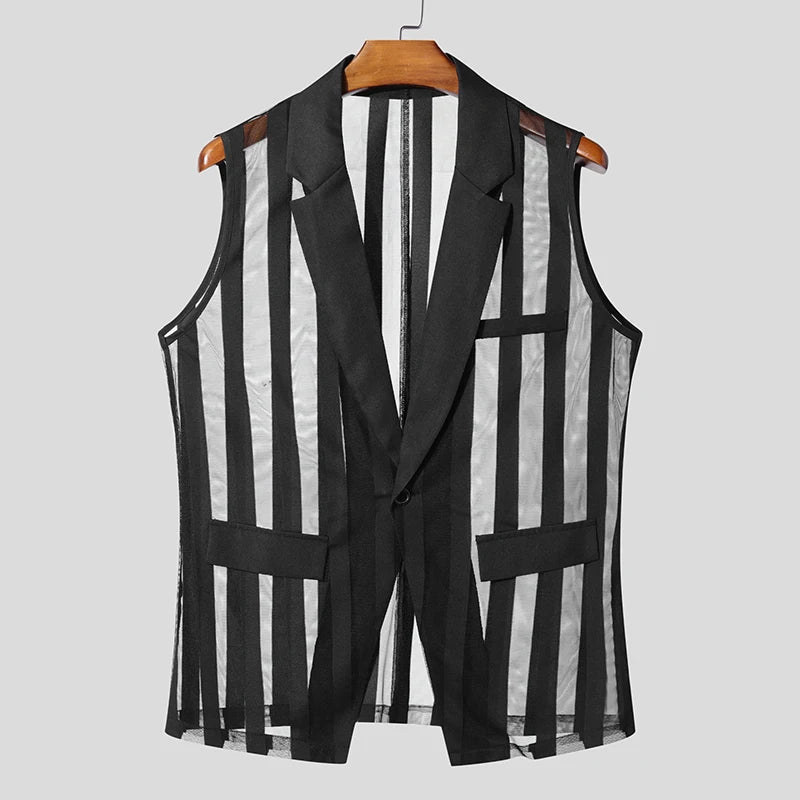 INCERUN Men Vests Mesh Striped Transparent Lapel Sleeveless One Button Casual Male Waistcoats Fashion Streetwear 2025 Vests Sexy