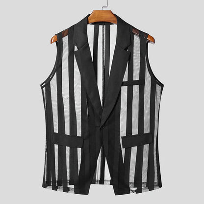 INCERUN Men Vests Mesh Striped Transparent Lapel Sleeveless One Button Casual Male Waistcoats Fashion Streetwear 2025 Vests Sexy