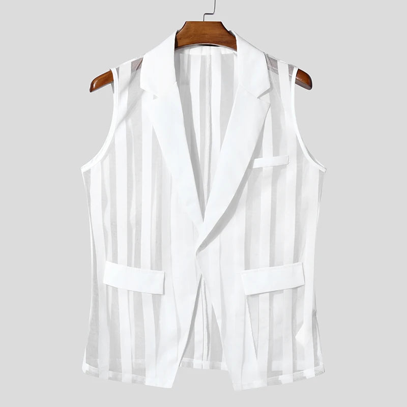 INCERUN Men Vests Mesh Striped Transparent Lapel Sleeveless One Button Casual Male Waistcoats Fashion Streetwear 2025 Vests Sexy