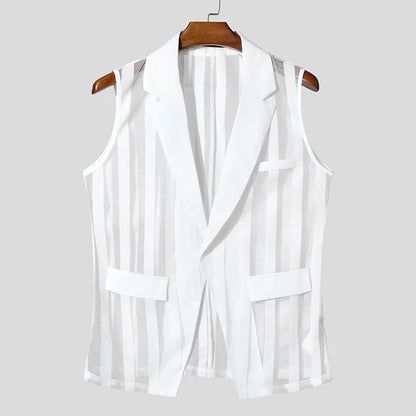 INCERUN Men Vests Mesh Striped Transparent Lapel Sleeveless One Button Casual Male Waistcoats Fashion Streetwear 2025 Vests Sexy