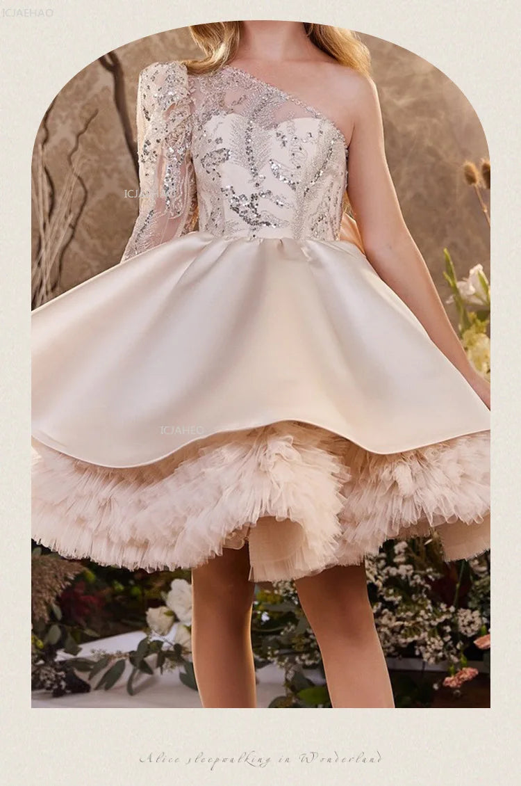 2026 nuevo vestido para niños vestido de princesa con lentejuelas un hombro falda acampanada con lazo Patchwork niños niñas traje Formal de celebración de fiesta