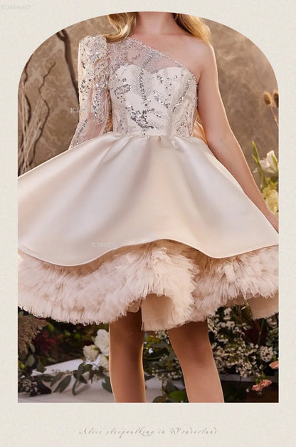 2026 nuevo vestido para niños vestido de princesa con lentejuelas un hombro falda acampanada con lazo Patchwork niños niñas traje Formal de celebración de fiesta