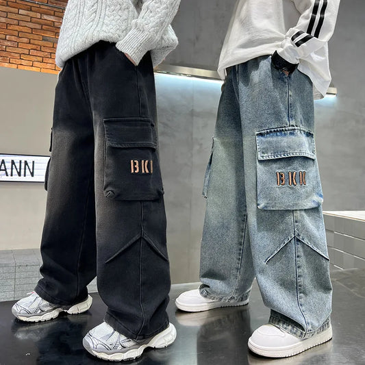 Pantalones vaqueros Cargo informales para niño adolescente con bolsillo grande para niño, nuevos pantalones vaqueros de estilo suelto, pantalones vaqueros de calle a la moda para niño 5-14T