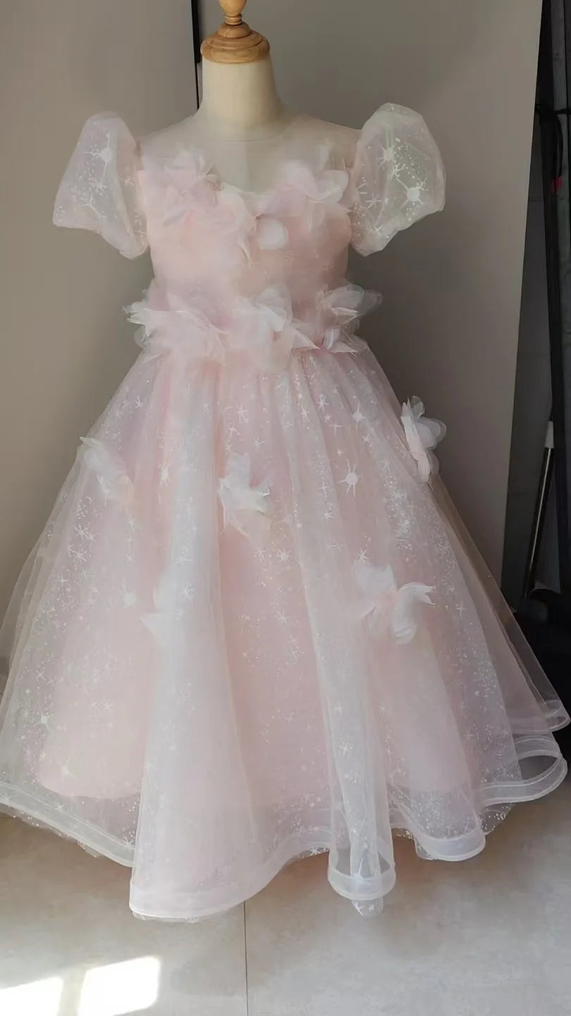Vestido largo rosa para niñas, vestidos de presentador, ropa para fiesta de cumpleaños, vestido de princesa, disfraz de lujo, traje de actuación de Piano para niños
