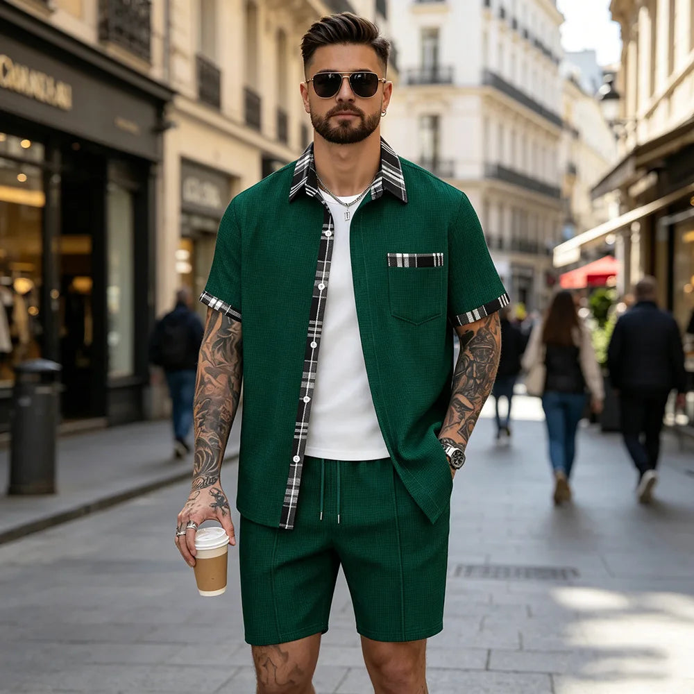 Nuevo conjunto de verano Waffle, camisa y pantalones cortos a cuadros para hombre, conjunto informal de dos piezas F156D
