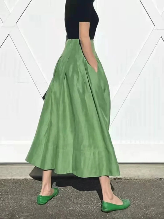 Falda Midi Retro de Cintura Alta Verde, Elegante, Línea A, Nuevo Estilo, Calidad Premium, Moda Femenina, Estilo para el Trabajo