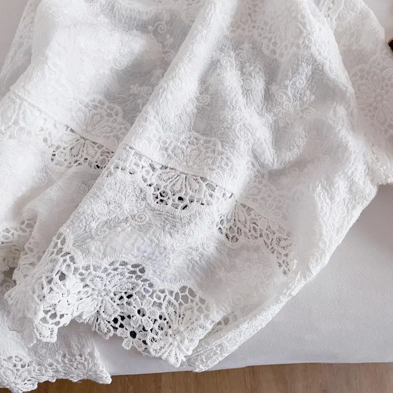 Blusas de algodón de primavera para mujer, camisas elegantes de manga larga caladas con encaje de ganchillo