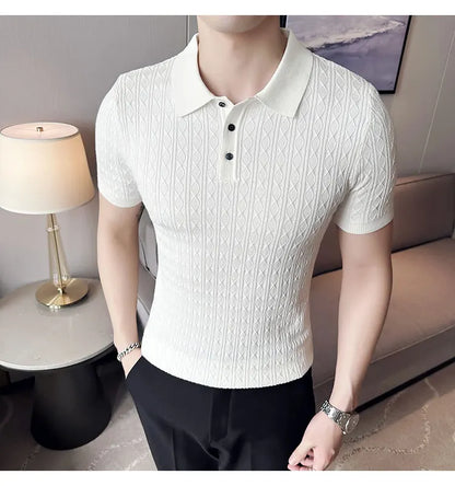 Polo de manga corta de punto Jacquard para hombre, camiseta de Golf con solapa de moda, ajustada, nueva