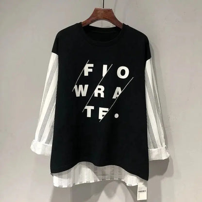 Sudadera de manga larga con estampado de letras para mujer, ropa de calle de gran tamaño, retales a rayas, Tops irregulares Y2K, moda coreana