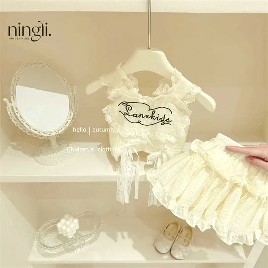 Chaleco de encaje con lazo, falda con pastel, pantalones, conjunto de dos piezas, traje para niña, moda de estilo coreano, ropa de verano para niños, niña