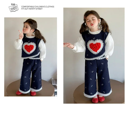 Conjunto de tres piezas con lazo grande de amor para niña, edición coreana de moda de primavera y otoño, ropa para niña
