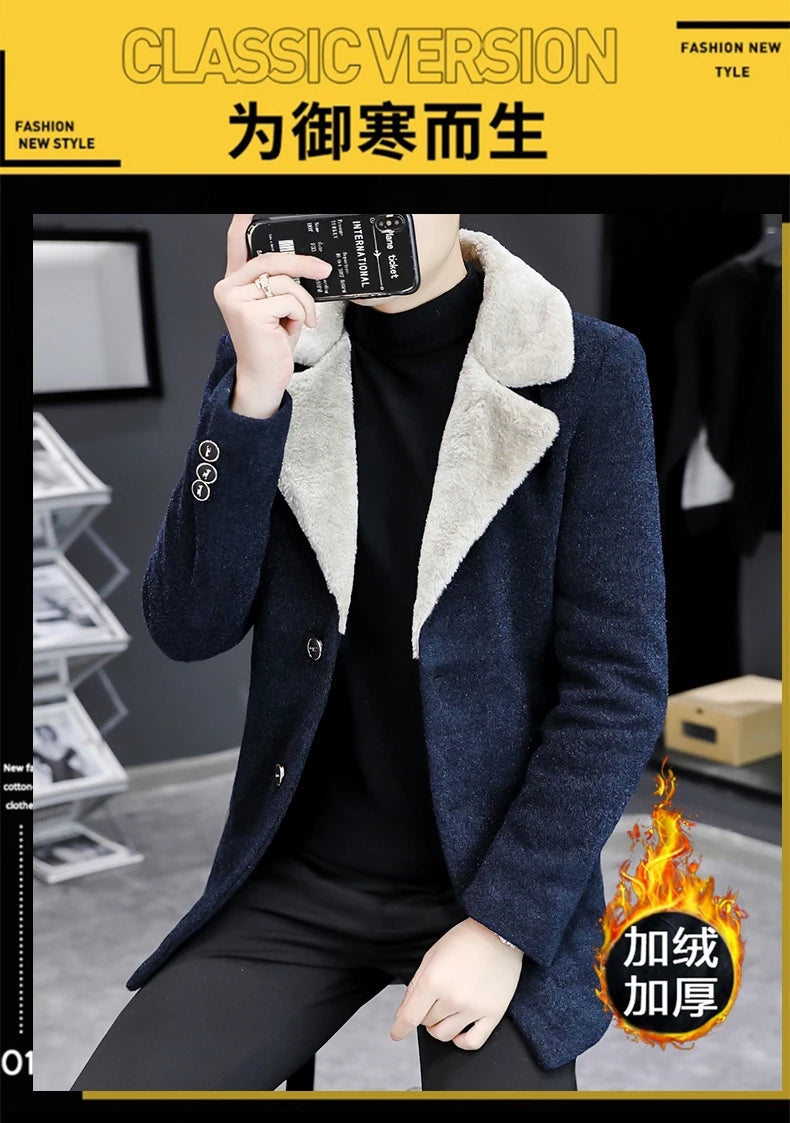 Chaquetas de lana de invierno coreanas para hombres, chaqueta de mezcla de lana gruesa de felpa con solapa, gabardina larga informal de negocios, abrigo de calle