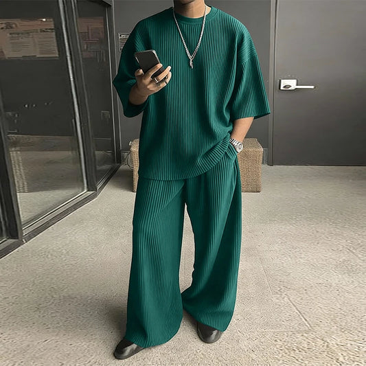 Conjuntos INCERUN para Hombre, Camiseta de Manga Corta Plisada de Color Sólido y Pantalones, Conjuntos de Dos Piezas, Ropa Urbana, Talla Grande, Trajes de Moda para Hombre 2026