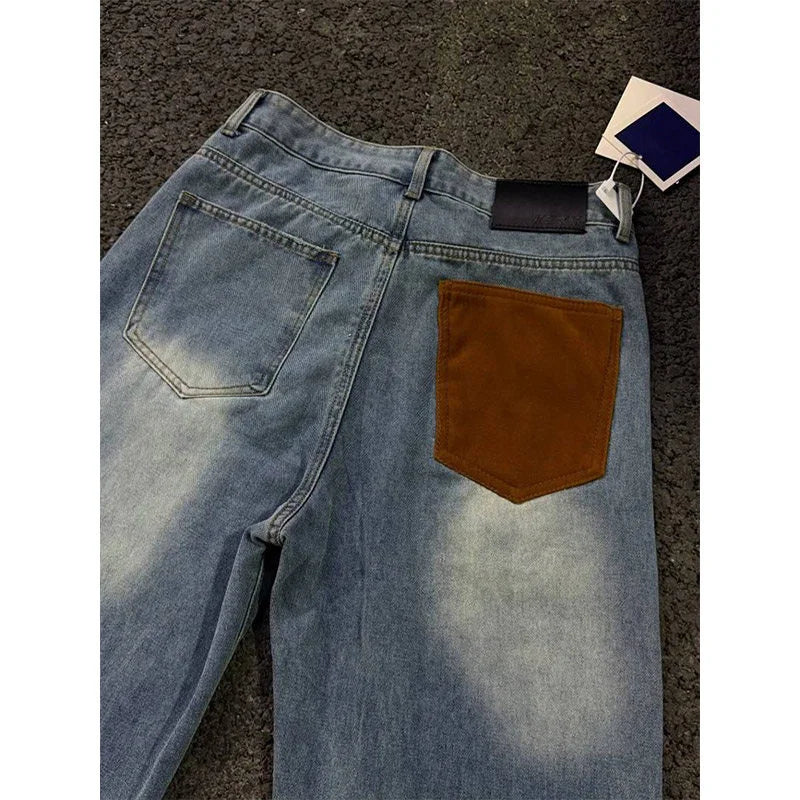 Jeans de pierna recta con parches azules vintage de verano 2026 para hombre, pantalones vaqueros casuales americanos con bolsillos marrones, estilo Y2K, streetwear
