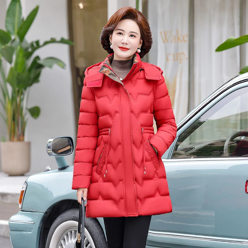 Chaqueta Larga de Algodón Grueso para Mujer, Acolchada, Ajustada, con Cintura Ajustable, Manga Larga, Cierre de Cremallera