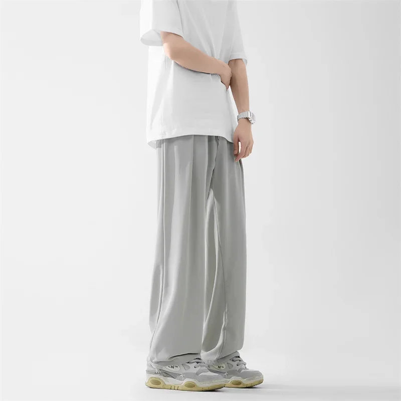 Pantalones bombachos holgados rectos lisos de verano para hombre, pantalones de chándal drapeados deportivos informales, pantalones de pierna ancha con cordón, novedad de 2025