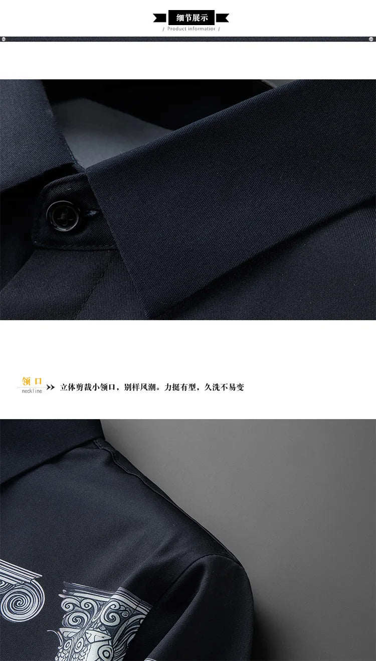Camisa de manga larga con estampado de columna romana de estilo americano y europeo para hombre, camisas de vestir formales de negocios informales ajustadas, ropa para hombre