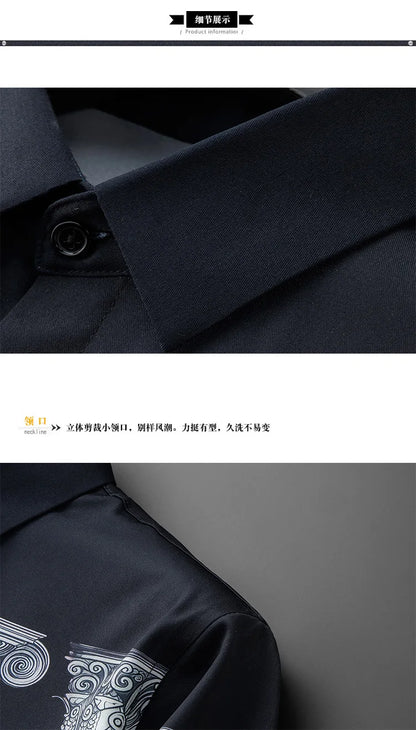 Camisa de manga larga con estampado de columna romana de estilo americano y europeo para hombre, camisas de vestir formales de negocios informales ajustadas, ropa para hombre