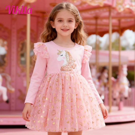VIKITA, vestido rosa de manga larga para niñas, vestidos de princesa con estampado en forma de corazón para niñas, disfraces festivos informales de malla de tul para niños pequeños