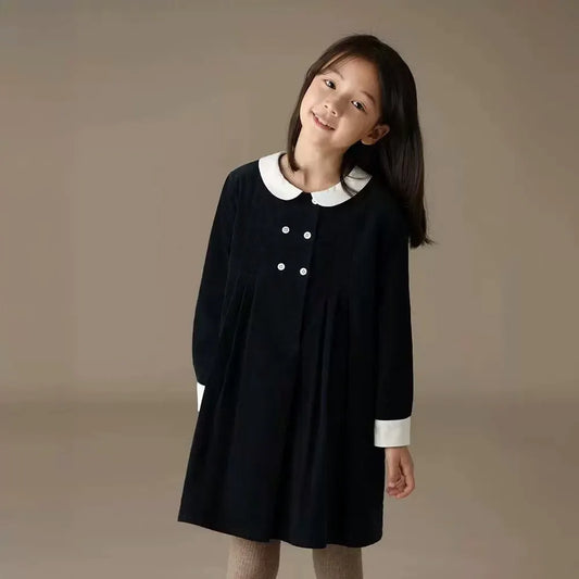 Ropa para niños 2025 Otoño e Invierno nuevo para niñas niños algodón contraste Retro cuello Peter Pan vestido de manga larga