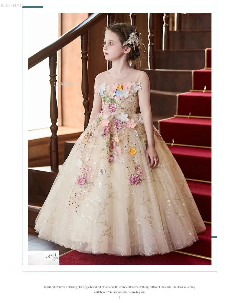 Vestido de fiesta de estilo francés para niñas con flores para el pequeño presentador Piano Recital flor niña boda niños vestido de desfile vestidos