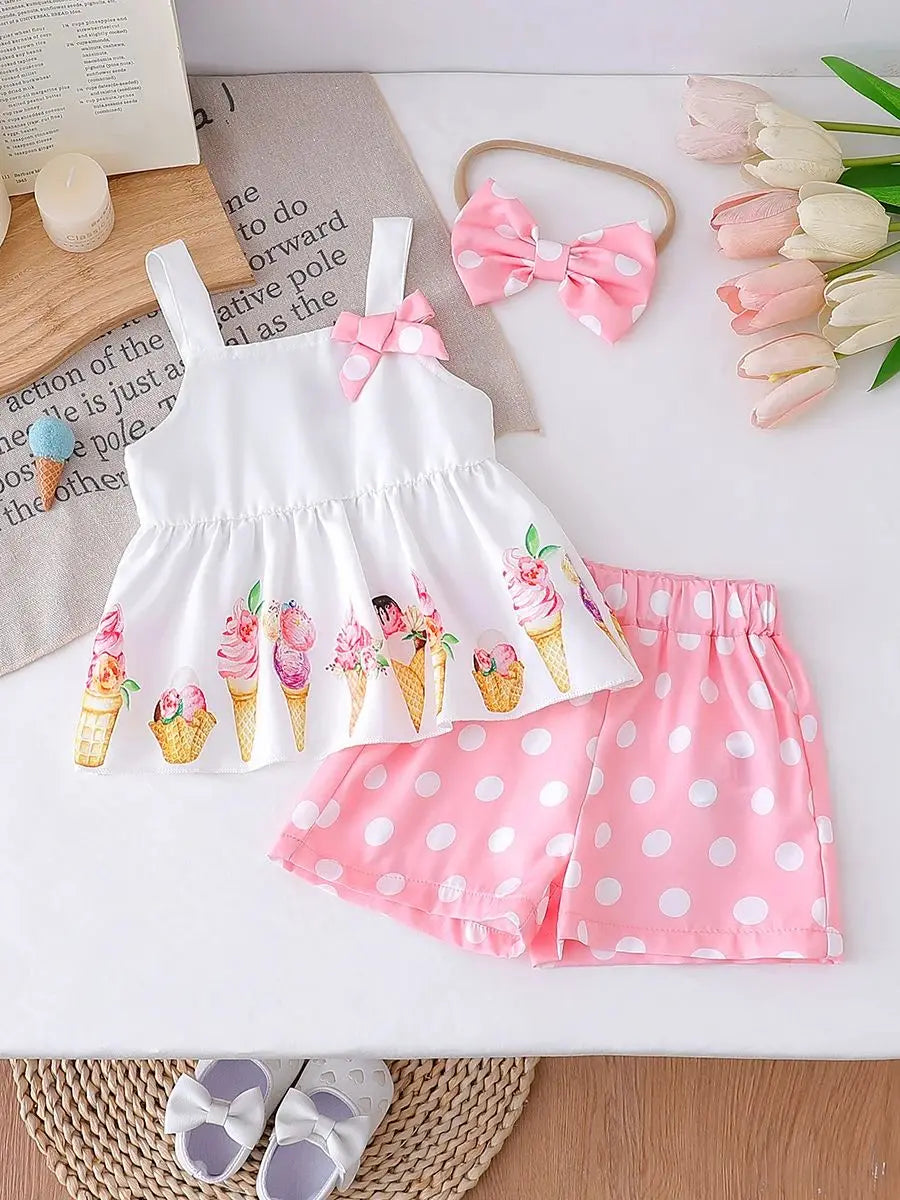 NOVEDAD DE VERANO 2025, Top con tirantes y estampado de helado para niña con pantalones cortos de lunares, conjunto informal de dos piezas para vacaciones