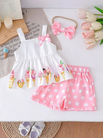 NOVEDAD DE VERANO 2025, Top con tirantes y estampado de helado para niña con pantalones cortos de lunares, conjunto informal de dos piezas para vacaciones