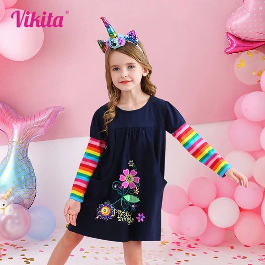 VIKITA-Vestido largo con estampado de flores para niña, traje recto de algodón a rayas de arcoíris con bolsillos, para otoño y primavera