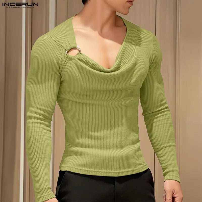 INCERUN Men's T Shirt Solid Color Knitted Long Sleeve Male Tee Tops 2026 Casual Streetwear Stylish Menswear Clothing Camisetas