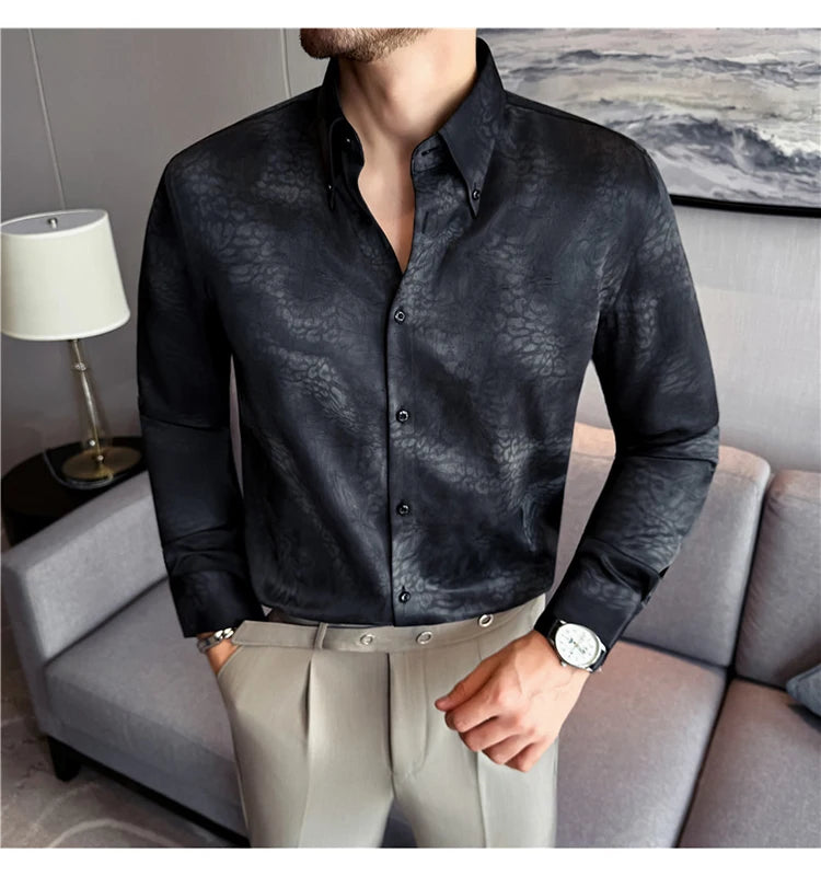 Camisa de manga larga de seda de imitación para hombre, camisa informal estampada de Color degradado a la moda, ropa Social de negocios, ropa de calle para hombre