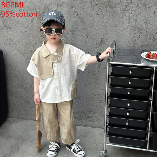 Conjunto de Verano de Algodón para Adolescentes, Niños, 2026, Camisa de Manga Corta Delgada + Pantalones Largos, Conjunto de 2 Piezas para Niños, Elegante, para Fiesta de Cumpleaños