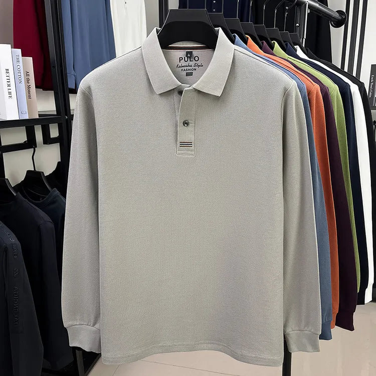 Polo de manga larga de otoño 2025 para hombre, 100% algodón transpirable, estilo informal de negocios con cuello de algodón clásico