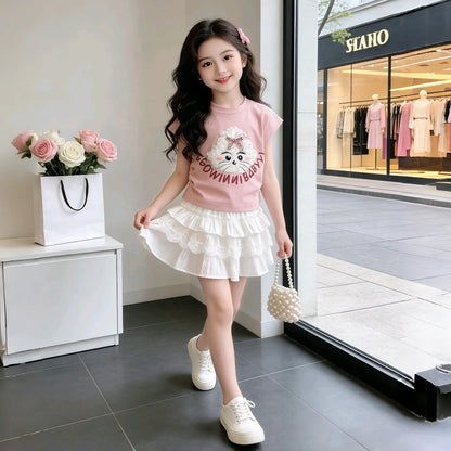 Conjunto de verano para niñas, camiseta de manga corta y falda, conjunto de dos piezas, estilo informal, ropa moderna para niños